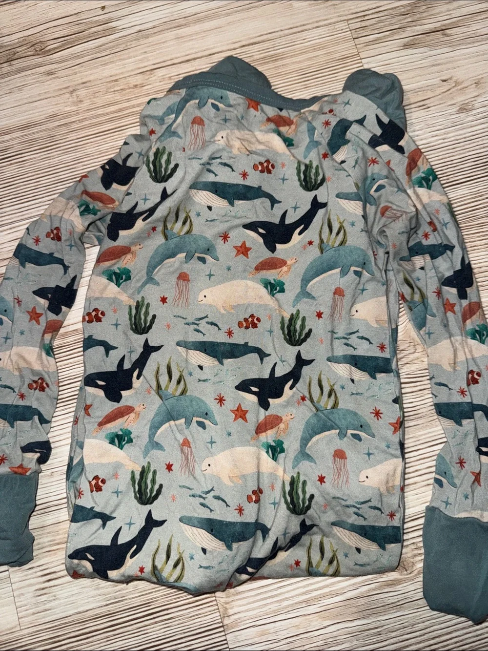 Kind thing bamboo Kids Ocean Shark Print One-Piece Pajamas in Teal